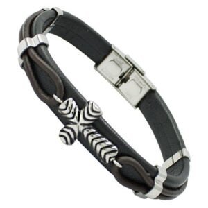 Brown on Black Leather Bracelet with Stainless Steel Cross