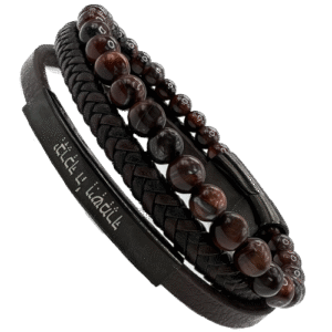 Brown Leather Bracelet with Stainless Steel Engraved Hebrew Text
