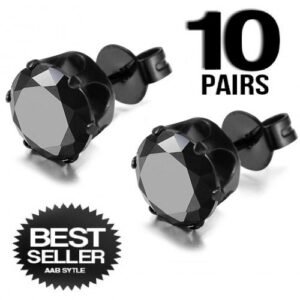 10 PAIRS PCK Stainless Steel Black on Black CZ Ear Stud