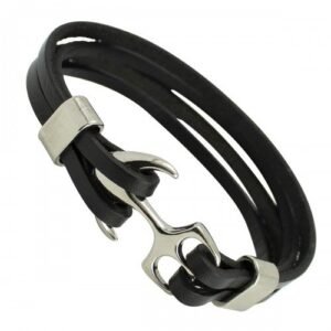 Fashionable Black Leather Bracelet with Base Metal Anchor