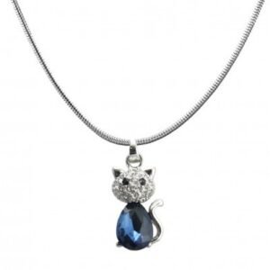 Cat Charm with Crystal and Sapphire Colored Jewels with Fashion Necklace