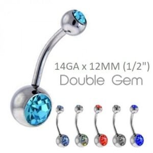Surgical Steel Double Gem Navel Ring 14GA x 12mm