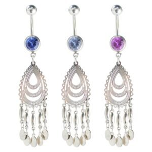 Surgical Steel CZ Belly Ring with Dangle Tear Drop Lace Design