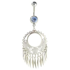 Surgical Steel Light Blue CZ Belly Ring with Dangle Dream Catcher