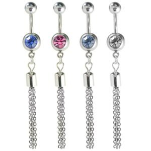 Surgical Steel CZ Belly Ring with Dangle Chain Links