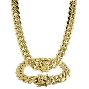 Gold PVD Stainless Steel Miami Cuban Link Necklace and Bracelet Set