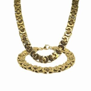 Stainless Steel Flat Gold Byzantine Necklace / Bracelet Set