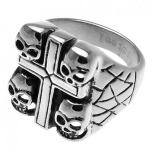 Stainless Steel Cross & Skulls Ring
