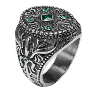 Stainless Steel Biker Ring with Green Stones