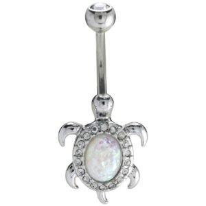 Stainless Steel Encrusted Turtle with White Opal Stone Belly Ring