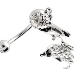 316L Surgical Steel Belly Ring With Jeweled Dolphins