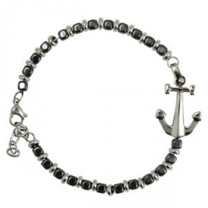 Stainless Steel and Charcoal Beads Bracelet with Anchor Charm