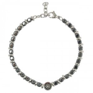 Stainless Steel Grey Beads Bracelet with Nautical Wheel Charm