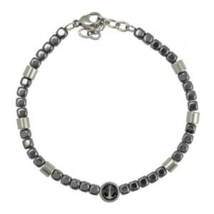 Stainless Steel Charcoal Beaded Bracelet with Nautical Anchor Charm
