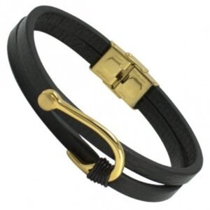 Double Black Leather Bracelet with Stainless Steel Gold PVD Fisher Hook Charm
