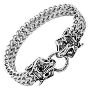 Stainless Steel Franco Link Bracelet with Wolf Head Clasp