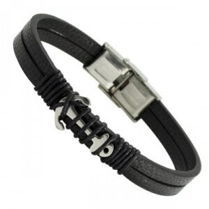 Black Leather Bracelet with Stainless Steel Anchor