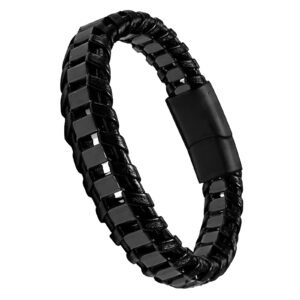 Black Leather & Stainless Steel Bracelet