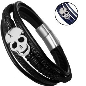 Leather Multi String Bracelet with Steel Skull Charm