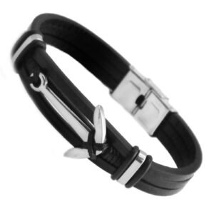 Black Leather Bracelet with Stainless Steel Anchor Accent