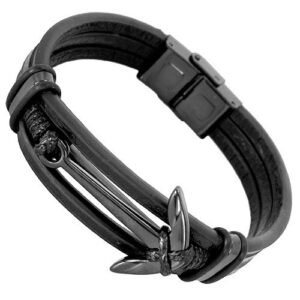 Black Leather Bracelet with Stainless Steel Anchor
