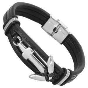 Black Leather Bracelet with Stainless Steel Anchor Accent