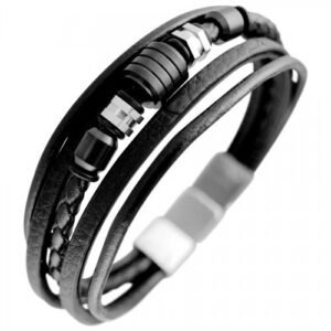 Multi Black Leather Bracelet with Stainless Steel Beads