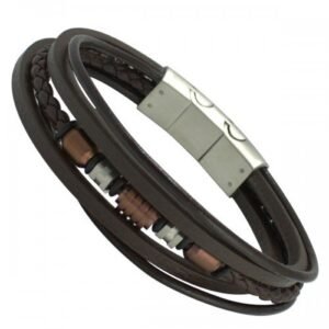 Multi Brown Leather Bracelet with Stainless Steel Beads