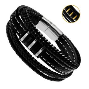Multi String Leather Bracelet with Stainless Steel Gold and Black pvd Accent