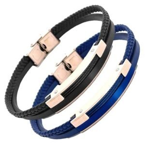 Multi-String Leather & Rose Gold Stainless Steel Bracelet w/ Accent