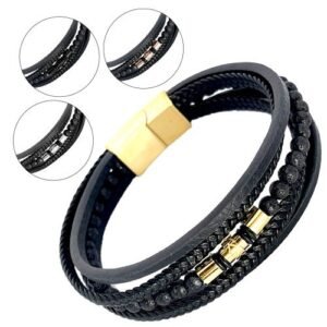 Multi-String Leather & Stainless Steel Bracelet w/ Lava Beads & Barrel Accent