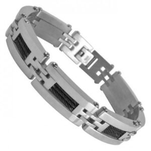 Men's Stainless Steel Bracelet with Black Steel Cable Accent - Black