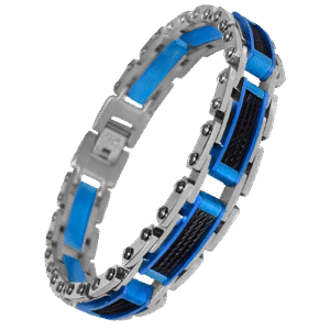 Stainless Steel & Blue Link Bracelet w/ Cable Wire