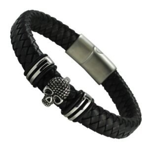 Leather Bracelet with Skull Charm and Magnetic Clasp