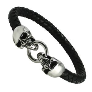 Black Braided Leather Skull Bracelet
