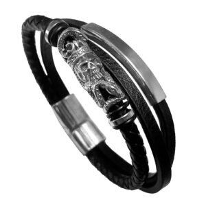 Stainless Steel Bar Accent and Leather Bracelet with Skull & Snake