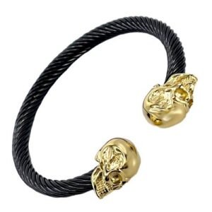 Black w/ Gold Stainless Steel Skull Head Bangle