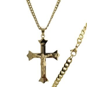 Stainless Steel Gold PVD Crucifix Pendant w/ Chain