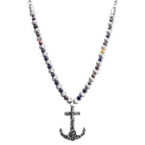 Stainless Steel Chain with Silver and Tiger Eye Beads and Anchor Emblem