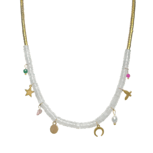 Stainless Steel Gold Chain with White Rondelle Beads with Charms