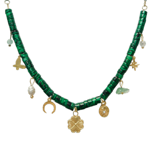 Stainless Steel Malachite Rondelle Chain with Shamrock Charm