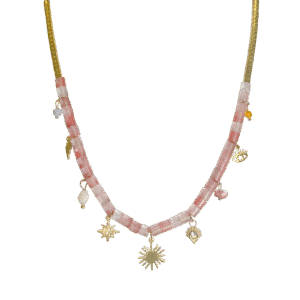Stainless Steel Gold Chain with Light Pink Beads with Charms