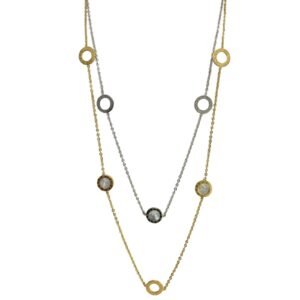 Stainless Steel Double Chain Two-Tone Fashion Necklace with Silver and Gold Opal Circular Accents