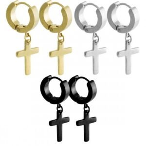 Stainless Steel Huggies Earrings with Dangling Cross