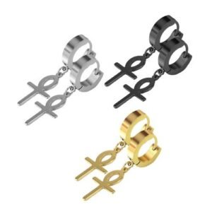 Stainless Steel Huggies Earrings with Dangling Ankh Cross