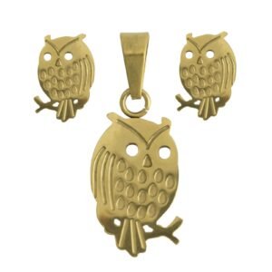 Gold PVD Stainless Steel Set of Owl Earrings and Pendant