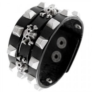 Black Leather Cuff Bracelet with Skull and Crossbones Stud Design