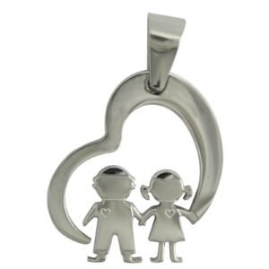 Stainless Steel Cut Out Heart Pendant With Boy and Girl Center Image