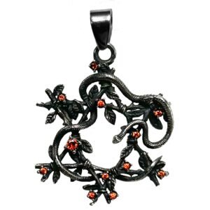 Stainless Steel Red Jeweled Star of David Pendant with Leaf and Snake