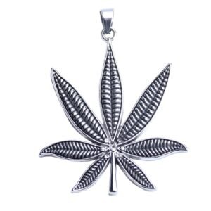 Stainless Steel Silver CZ Encrusted Hemp Leaf Pendant - Large